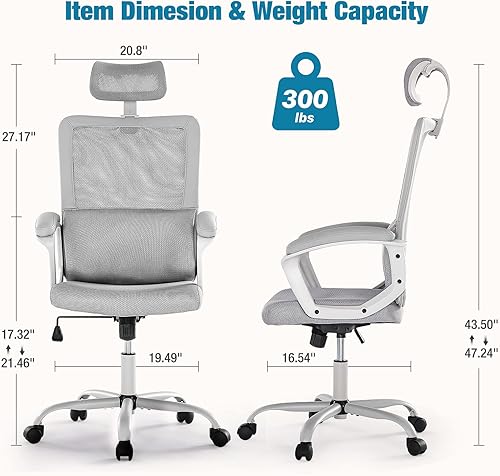 Miniatura 3 de OLIXIS Silla ergonómica de oficina con respaldo alto, malla transpirable con reposacabezas ajustable y soporte lumbar, reposabrazos acolchado