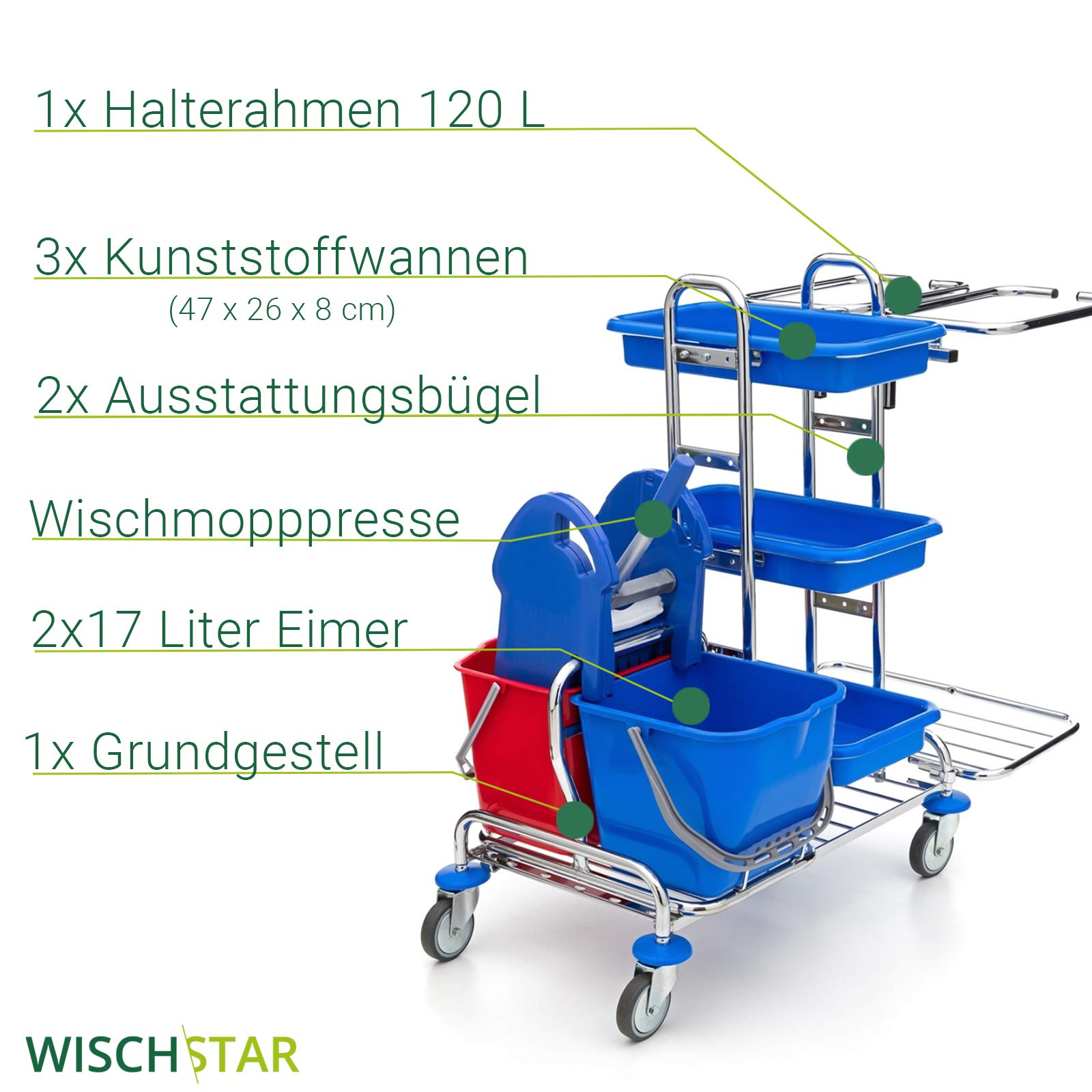 Wisch-Star Chrom Putzwagen Reinigungswagen mit Presse, 2X 17 Liter Eimer, 3X Ablagefächer und 2X 120 Liter Müllsackhalterung