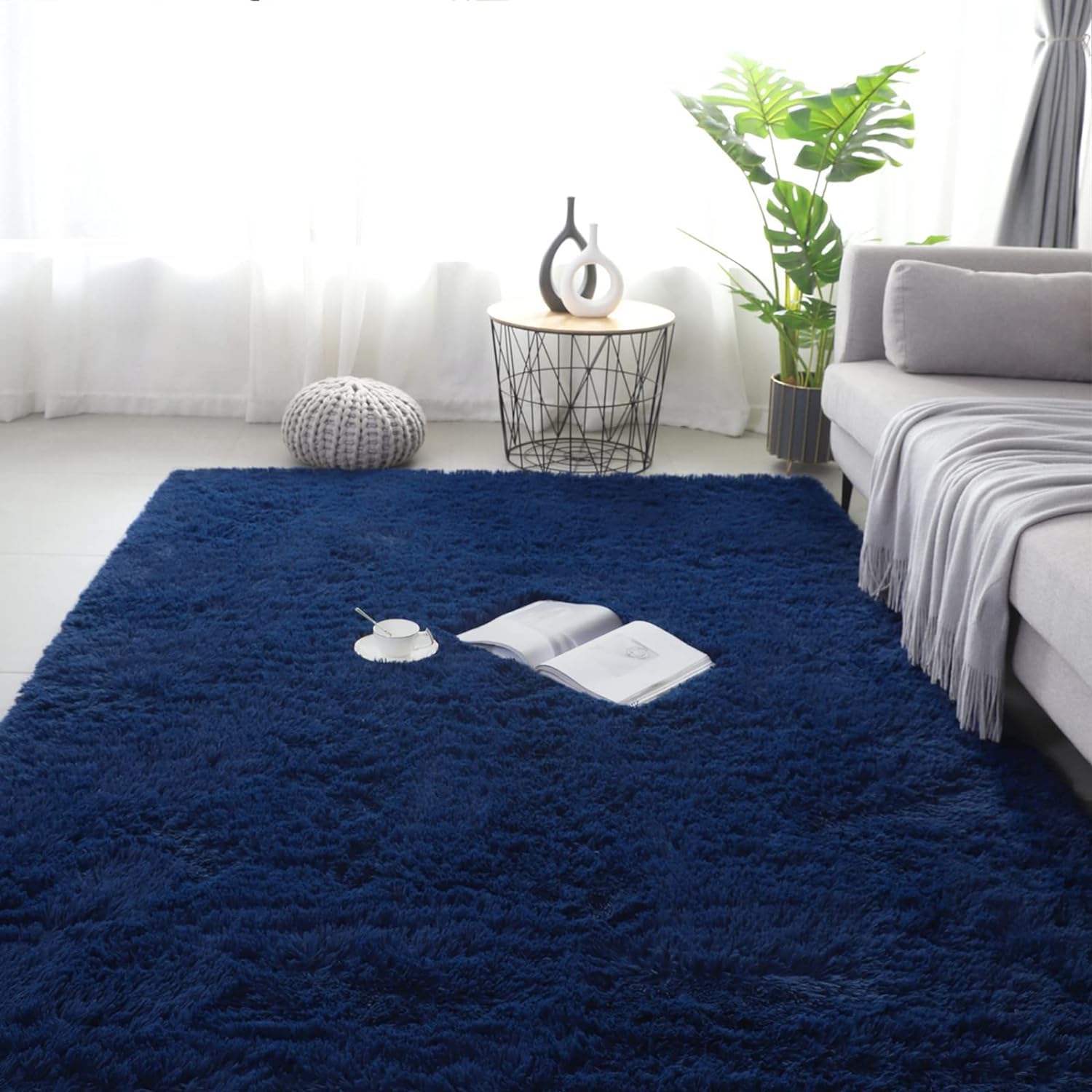 QUINZI Tappeto per soggiorno e camera da letto, morbido e morbido, antiscivolo, lavabile, (blu scuro, 120 x 180 cm)