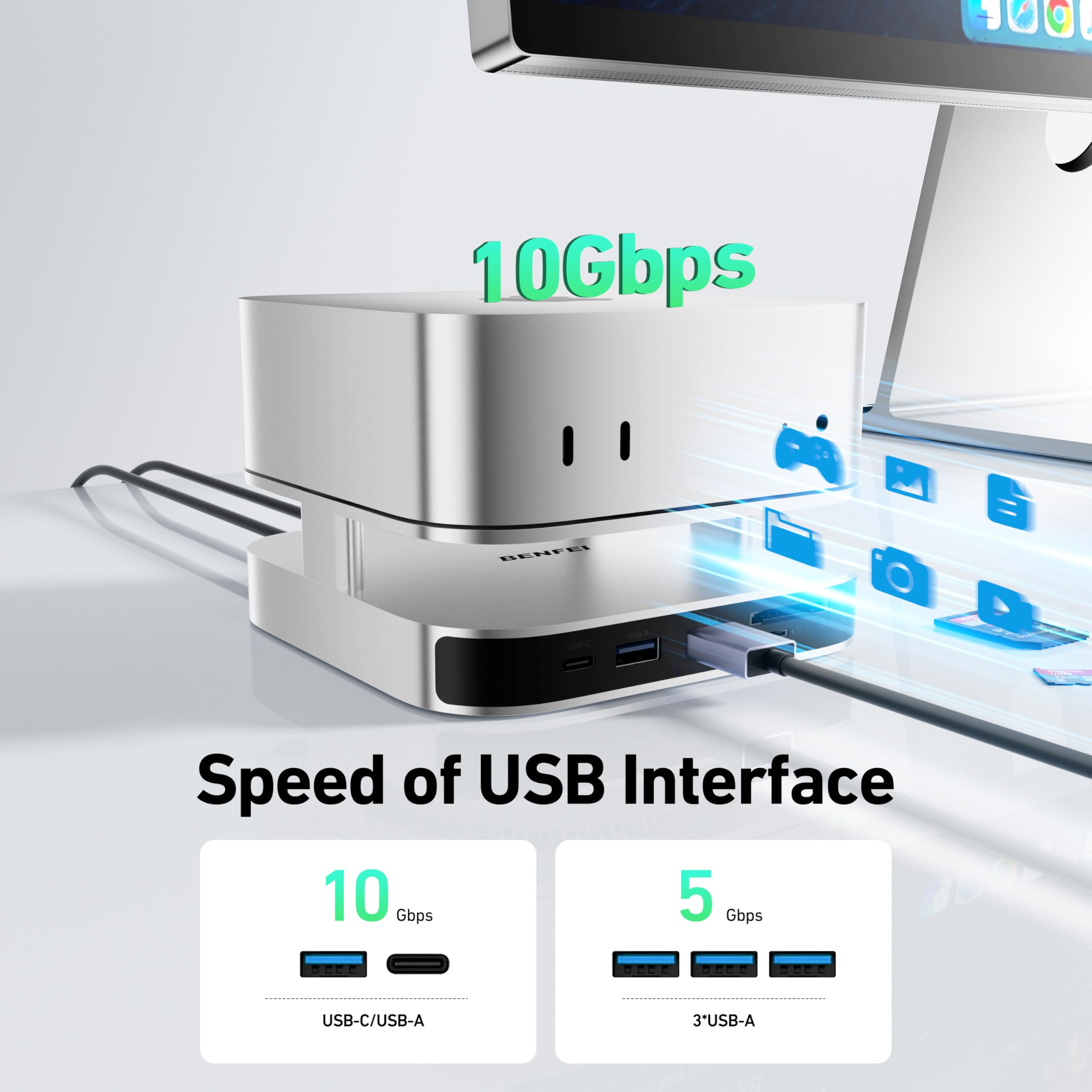 BENFEI Mac mini M4 Dock, stojak z obudową NVMe SSD, hub DisplayPort 4K do Mac mini M4 i M4 Pro (2024), 10 Gb/s, 1 x USB C i 1 x USB A 3.2, 5 Gb/s, 3 x USB A 3.0, SD/TF 170 MB/s, Srebrny