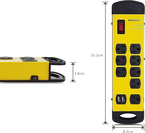 Miniatura 4 de Oviitech Tira de alimentación de metal resistente con 8 salidas de protección contra sobretensiones con 2 puertos de carga USB (2.4A), 1800 julios