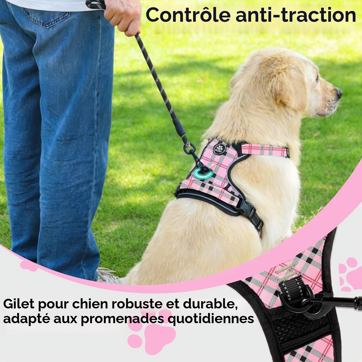 NESTROAD Colliers, Harnais Veste et Laisses Anti Traction pour Chiens Moyen, Couleur Rose Plaid Taille M Arnet pour Chien Le Cou 33~43CM Poitrine 43~64CM, Harnais Chien Voiture, Accessoire Chien