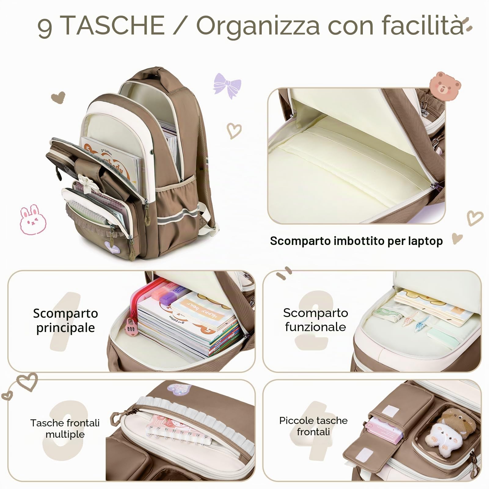 Amythe Zaino Scuola Elementare Bambina, 4 Pezzi Zaini Traspiranti con Borsa per il Pranzo Astuccio e Borsa a Tracolla, Zaino Ragazza alla moda per Scuola Primaria e Media, Marrone