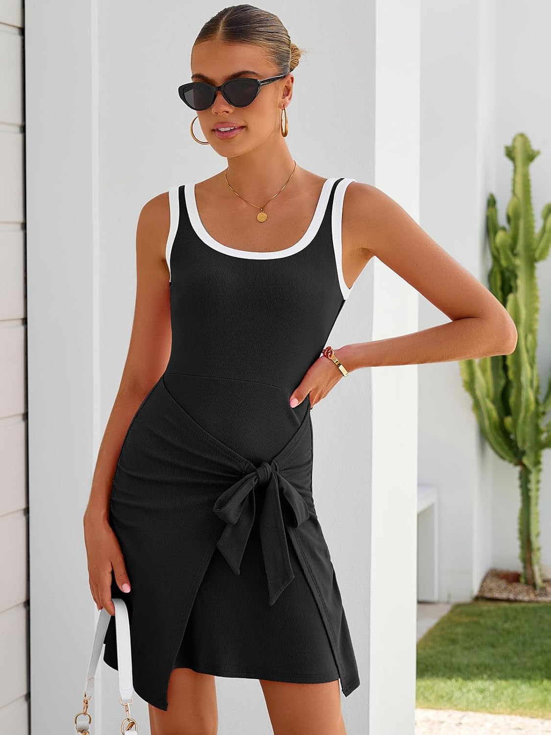 IHOT 2026 Women's Casual Sleeveless Scoop Neck Tank Dress Ribbed Knit Front Tie Waist Vacation Mini Dresses - Image 4