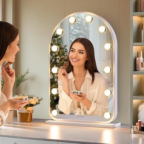 Miniatura 2 de LUXFURNI Espejo de tocador con luces espejo de maquillaje para dormitorio espejo grande iluminado Hollywood con 12 bombillas regulables control