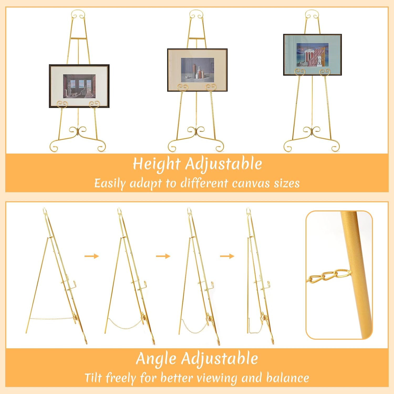 2 Pack 46" H Metal Round Tube Scroll Display Easel, Vintage Gold Decorative Adjustable Floor Standing Easels with Chain Support, for Wedding Welcome Signs, Picture Frames, Artwork and Event Displays