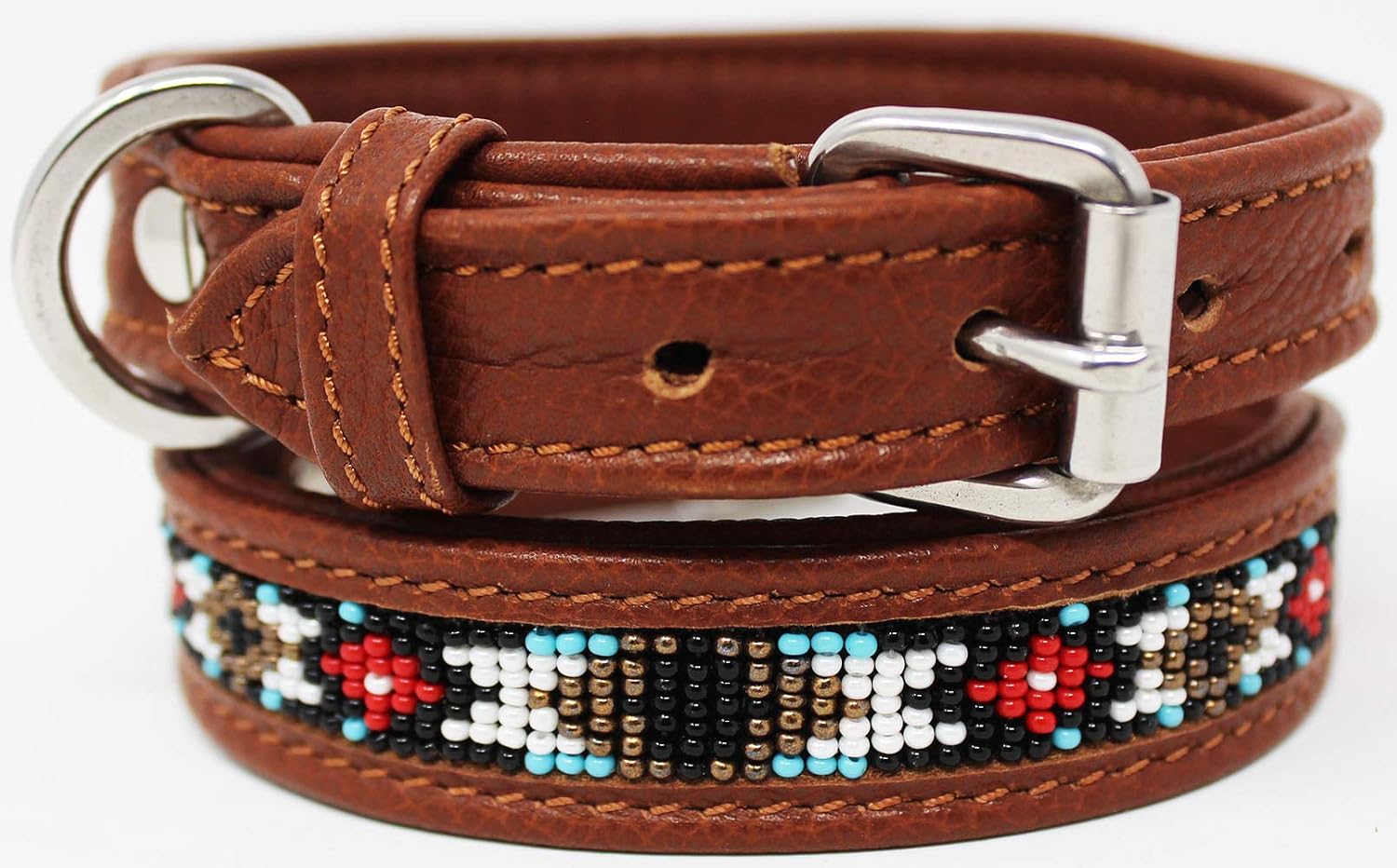 Large 21''- 25'' Soft Genuine Leather Beaded Padded Dog Puppy Collar 60RT01GR