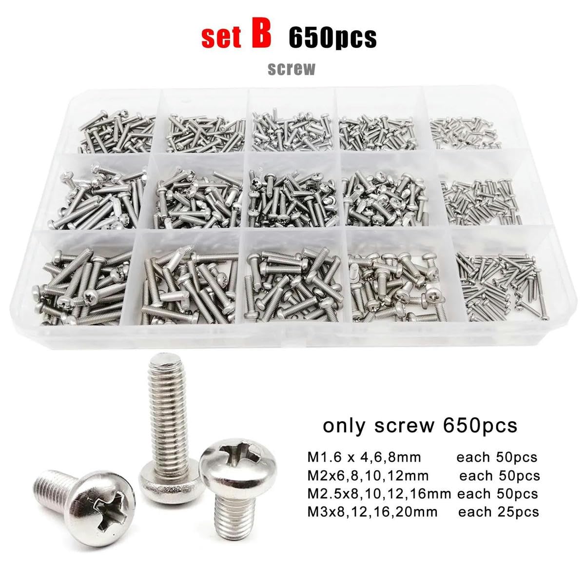 400/2100 Piezas M1.6 M2 M2.5 M3 M4 M5 304 Cabeza Redonda de Acero Inoxidable Tornillo Tuerca Surtido de Arandelas Kit Caja D 2100 Piezas