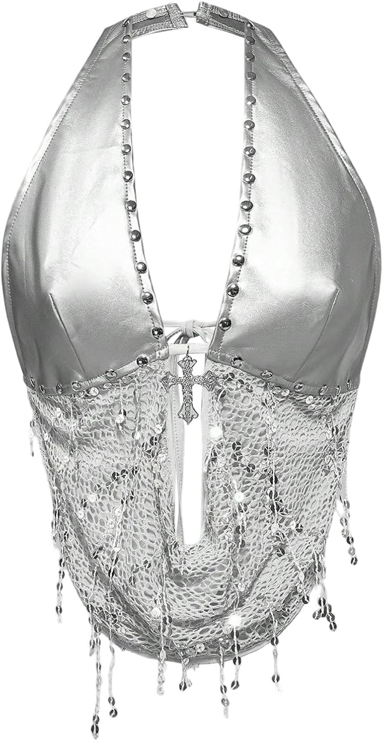 SweatyRocks Women's Grunge Punk Y2K Sequin Studded Halter Tops Tie Back Party Draped Tops