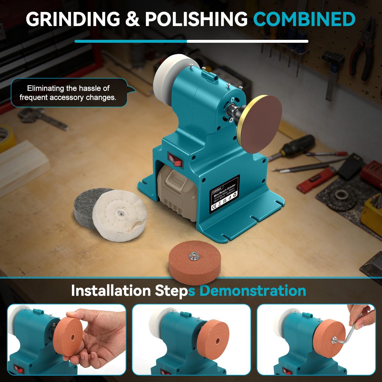 Mini Bandschleifer für Makita 18V,300W Elektrischer Bandschleifer,DIY Polierschleifmaschine mit 68 mm ø, stabiler Maschinenfuß, Schleifscheibe und Polierscheibe zum Polieren von Holz(Ohne Akku)