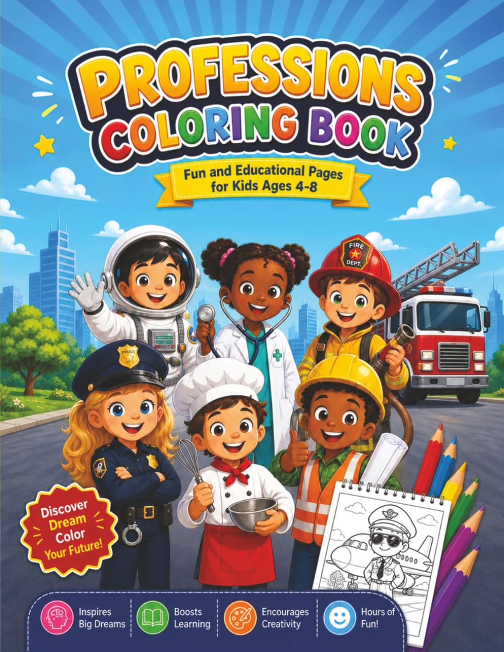 PROFESSIONS COLORING BOOK: Jobs Coloring Book for Kids Ages 4-8: 20 Fun Career Coloring Pages Featuring Engineers, Nurses, Firefighters, Astronauts, ... and More | Bold and Easy Coloring Book.