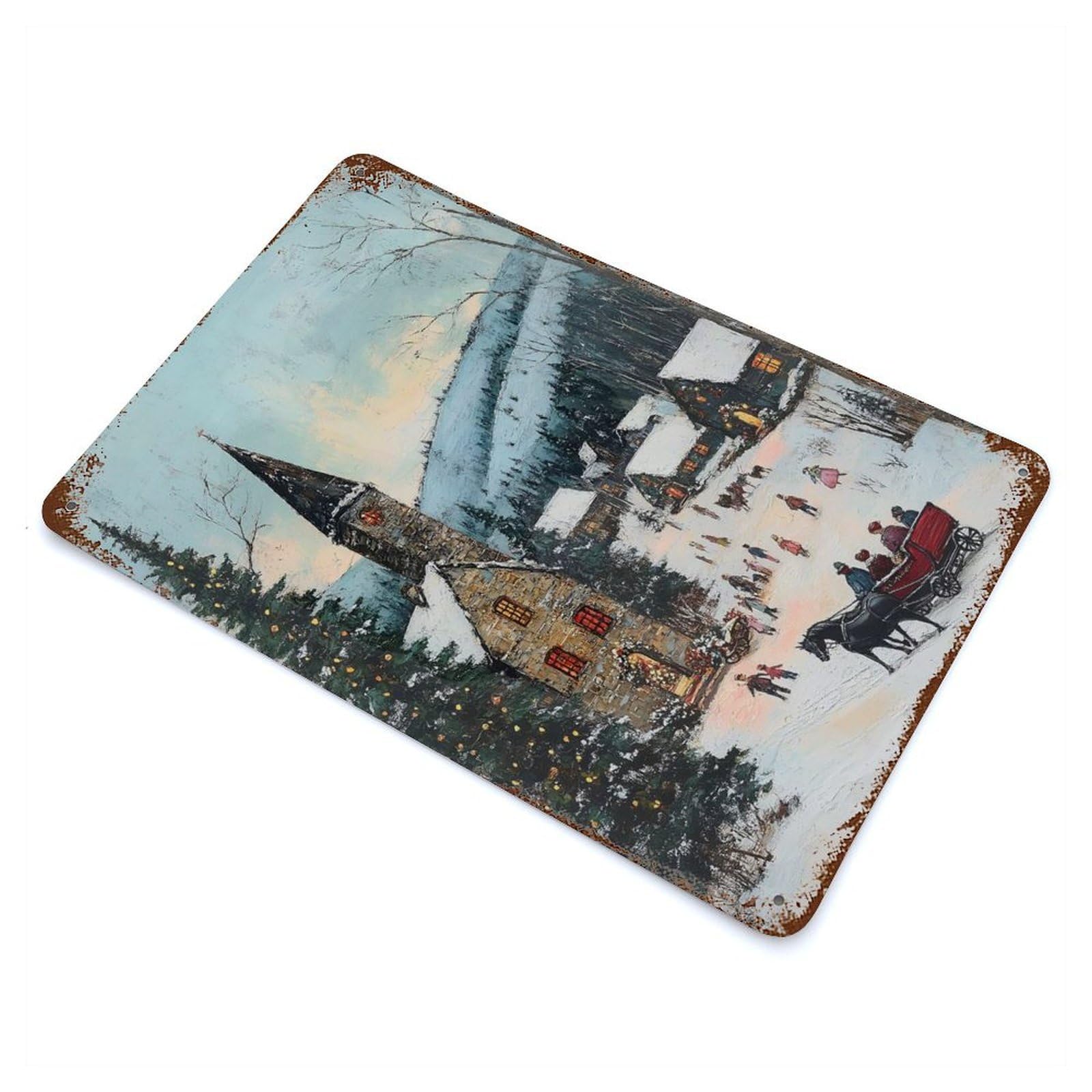 Rust Effect Christmas Village Painting Aged Metal Wall Plaque 11.8"x7.9", Rustic Home Decor for Bistro, Counter And Cafe Decor