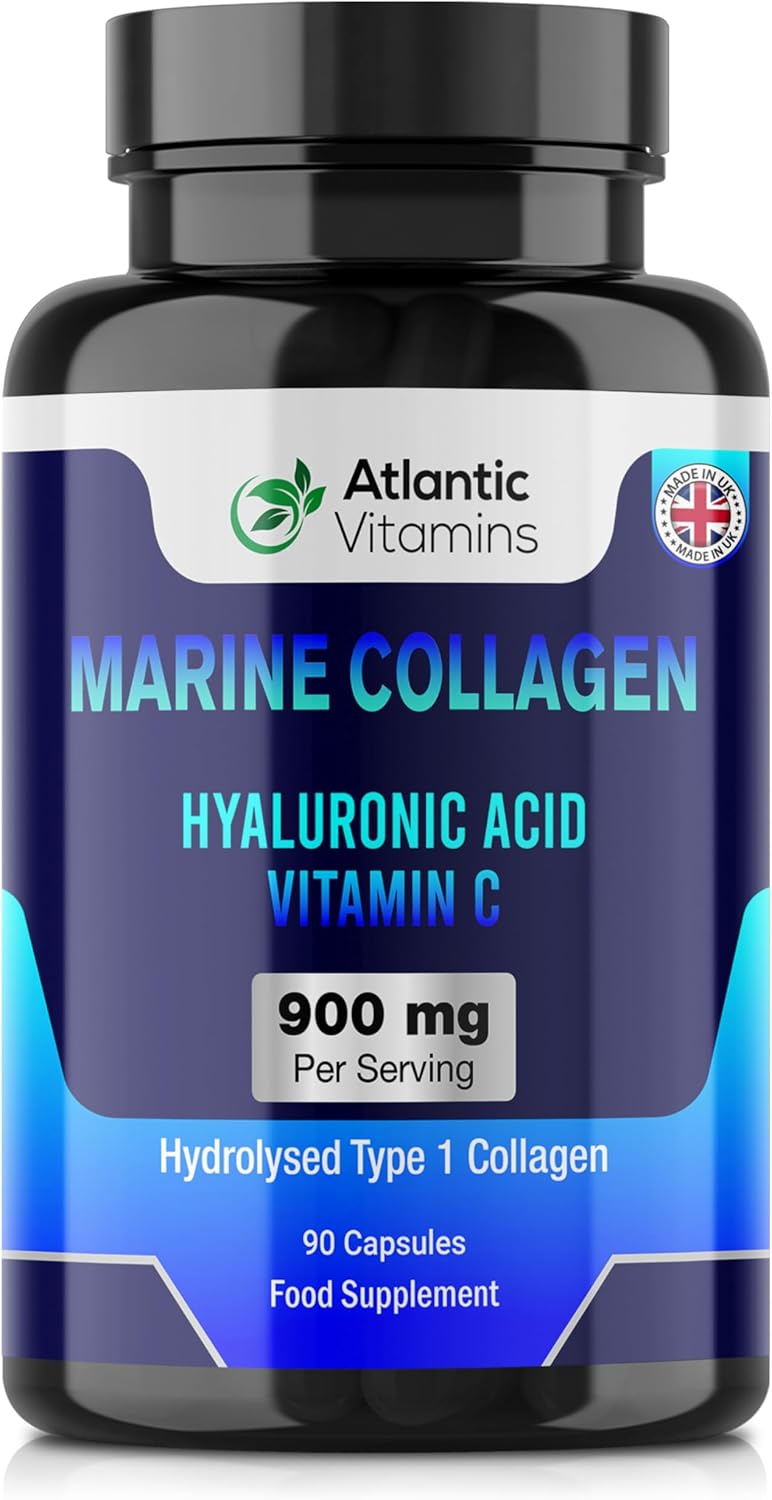 Marine Collagen 900 mg – High Strength 90 Capsules Collagen with Hyaluronic Acid and Vitamin C for Skin, Joints and Hair – Type 1 Hydrolysed Collagen Supplements for Women & Men – UK Made