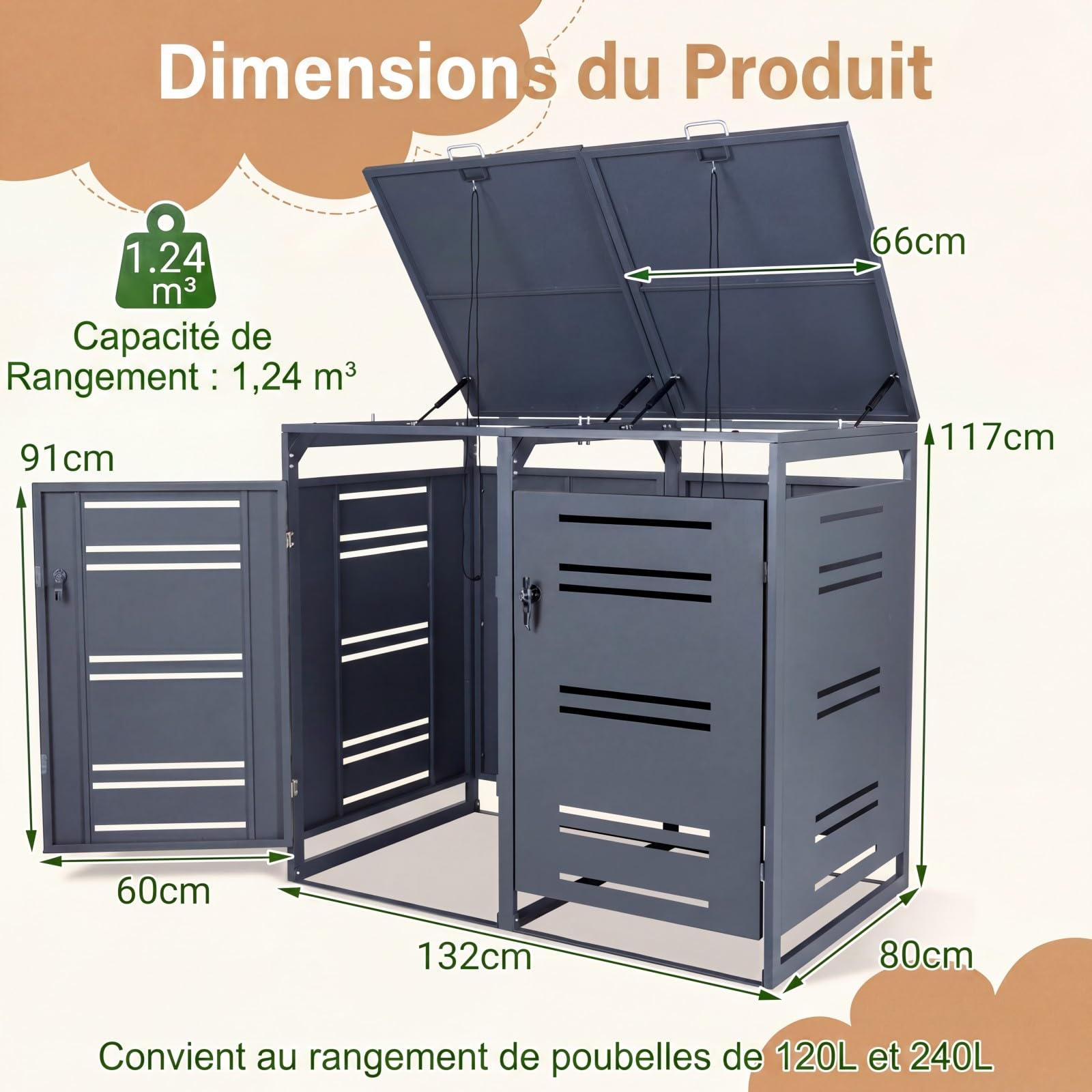 GYMAX Cache Poubelle Extérieur en Métal, Abri Double pour 2 Poubelles de 240 L, Porte Verrouillable, Couvercle Ouvrable, 132 x 80 x 117 cm, pour Jardin, Pelouse, Terrasse (Gris)