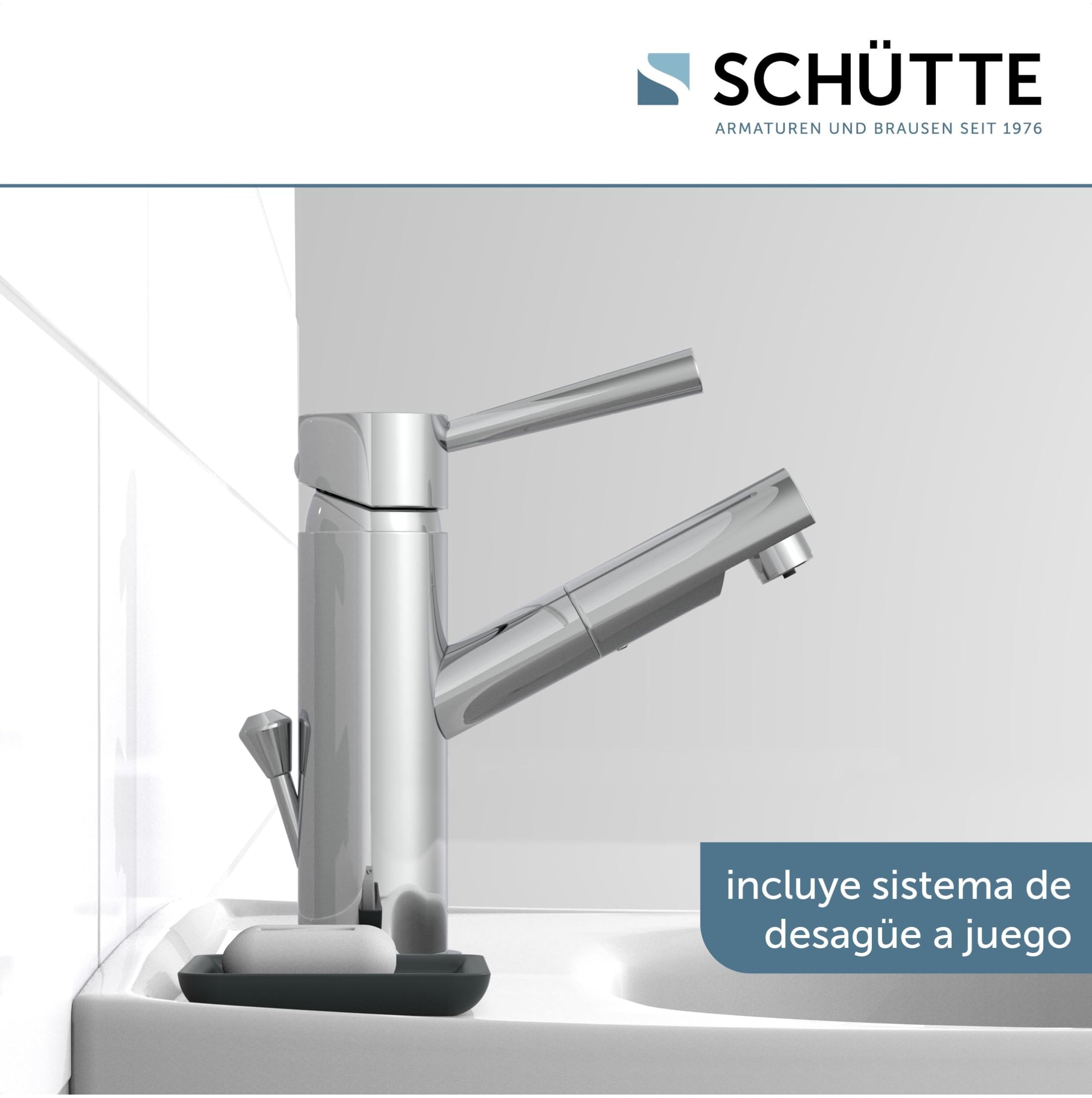 Mezclador de lavabo SCHÜTTE CORNWALL de baja presión, mezclador de baño, monomando con desagüe automático, cromado