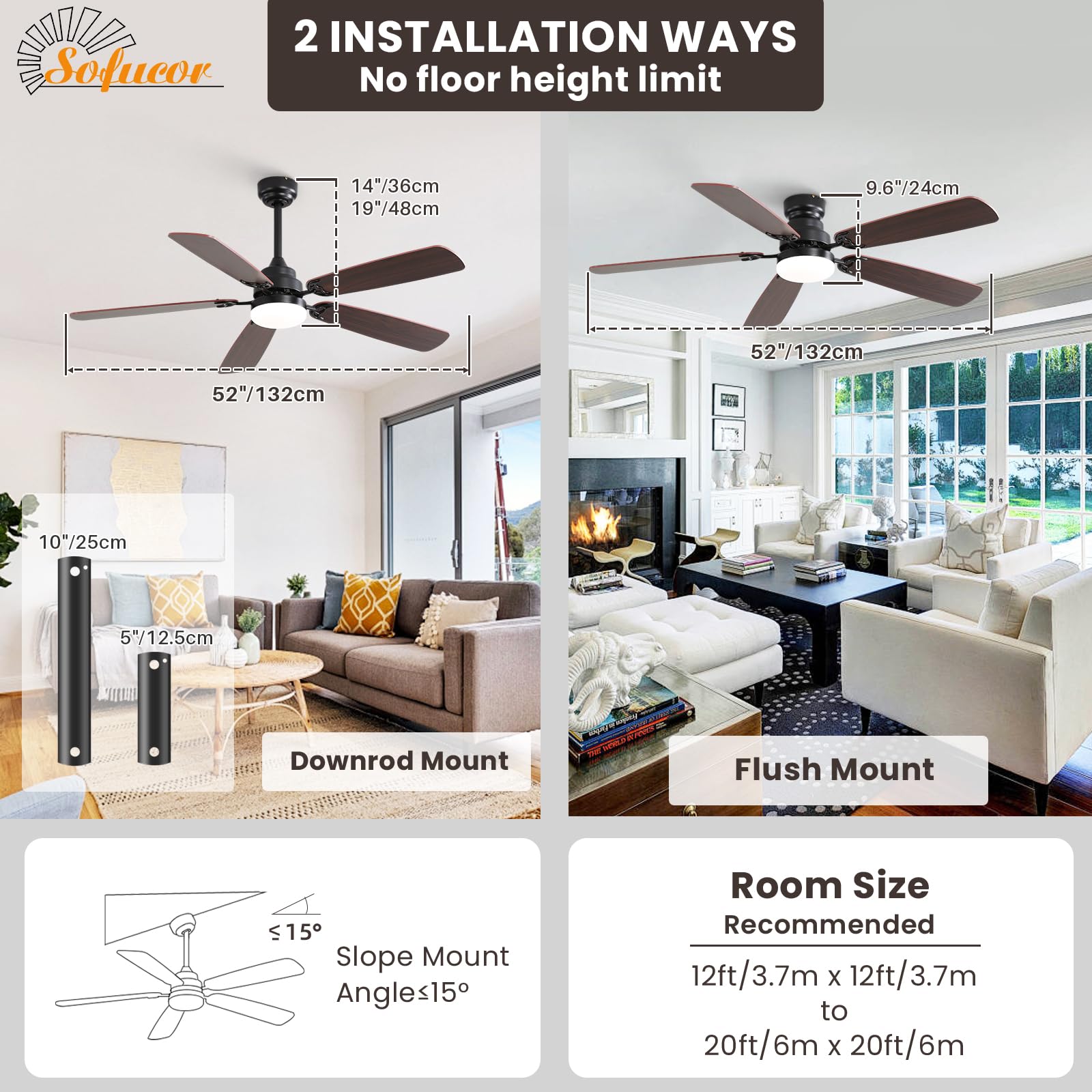 Sofucor Deckenventilator mit Beleuchtung und Fernbedienung, DC, 132 cm, 5 Flügeln, Timer, 3 Farbtemperatur, 6 Geschwindigkeiten, Sommer Winterbetrieb