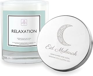 Treat Republic London Personalised Eid Mubarak Relaxation Candle – 10 x 8.4 x 8.4 cm, Organic Soya Wax Candle w/Cedarwood, Fig, Patchouli, Jasmine, Violet & Rose Fragrance | Scented Candles