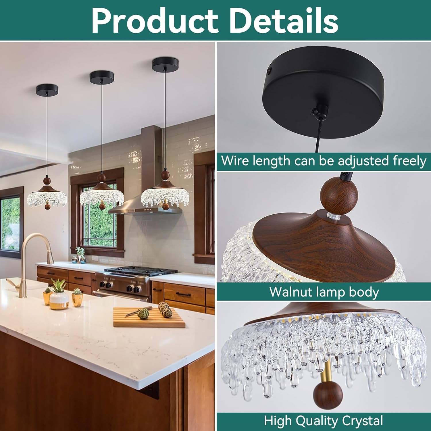 Modern Led Pendant Light Fixture, Water Droplet Wood Grain Color 4000K Hanging Light Fixture, Adjustable Height Pendant Lighting for Kitchen Dining Room Bedroom Kitchen Island Café
