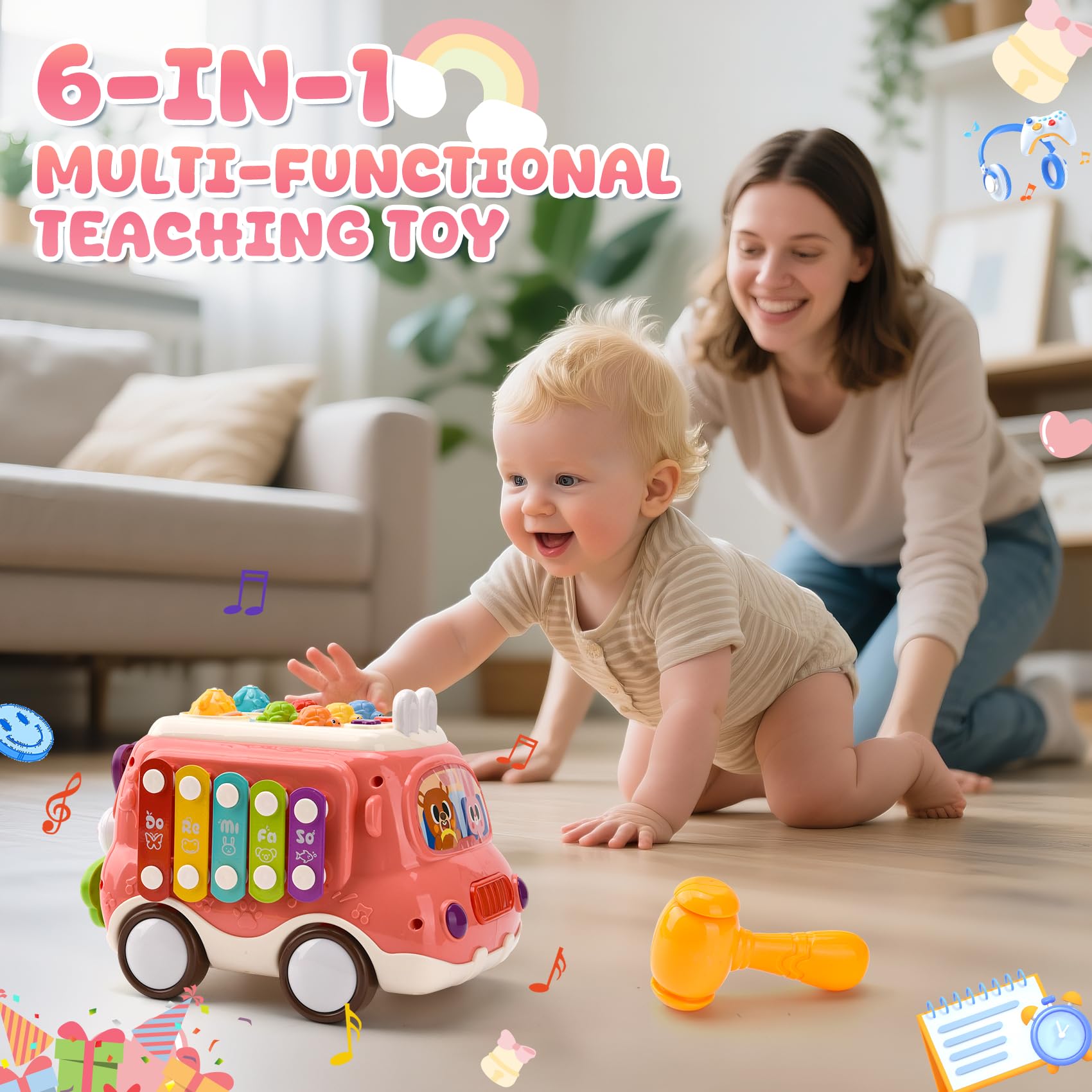 Giochi Bambini 1 Anno, Montessori Autobus Musicali, Giocattoli Bambini 1 2 Anni, Giochi Montessori 1 2 Anno, Regalo di Compleanno per Bambini di 1-2 Anni (Rosa)