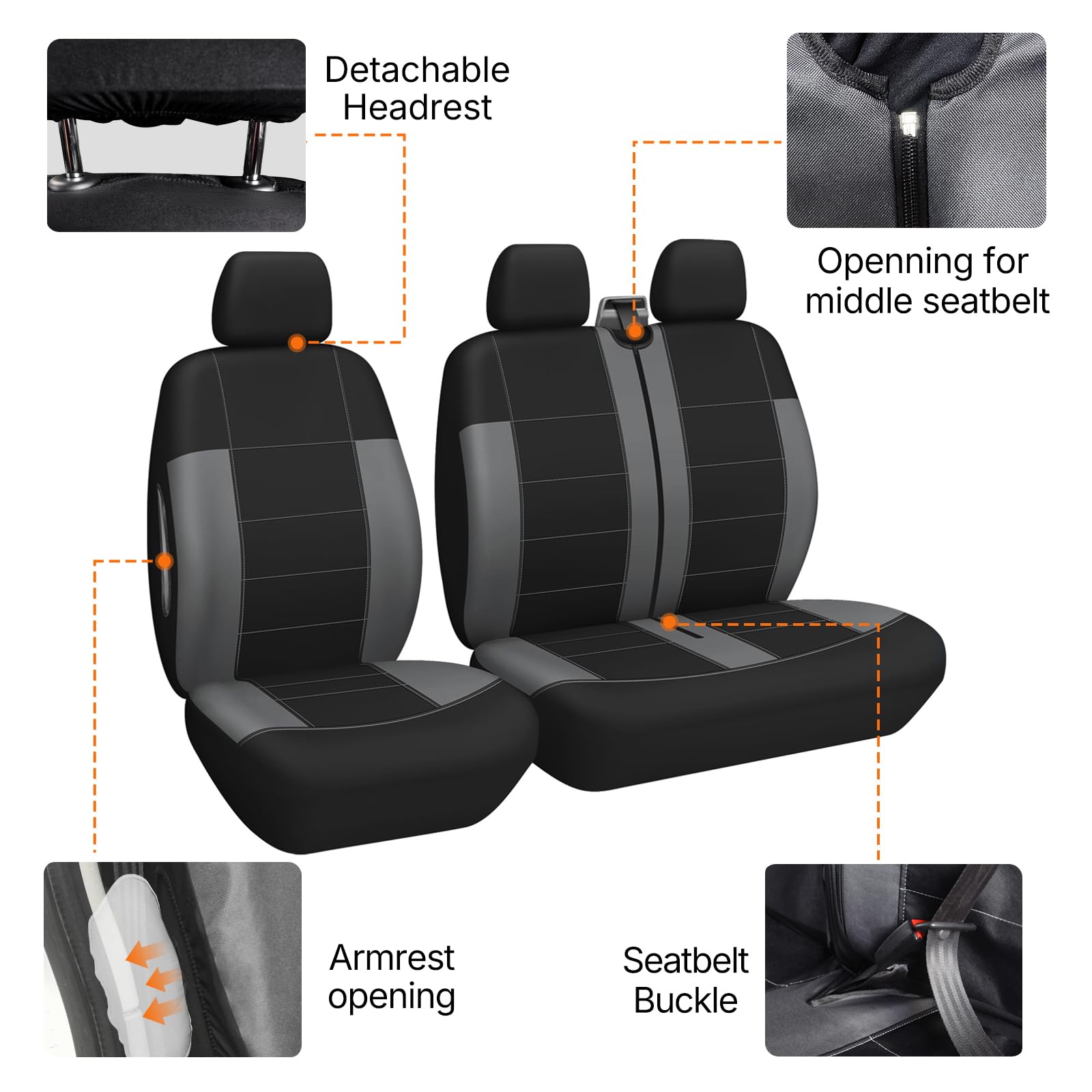 AUTOYOUTH Lot de 2 + 1 housses de siège de camionnette, style ethnique rétro Baja, rembourrées, triple couche, imperméables, compatibles avec airbag universel, gris/noir