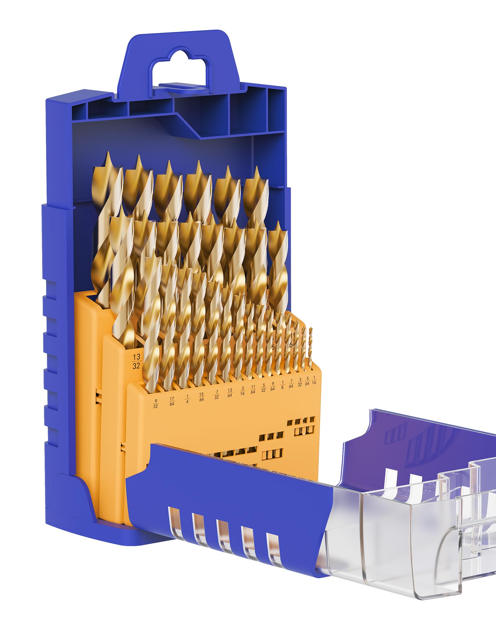 Brad Point - Juego de 29 brocas HSS recubiertas de estaño con diseño de doble flauta para carpintería y todo tipo de madera con caja de plástico (1/16 a 1/2 pulgadas)