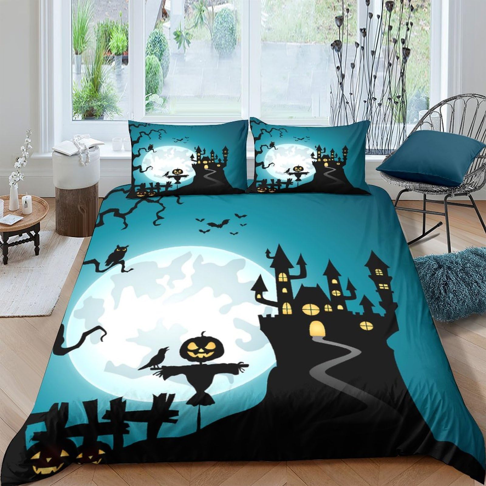Ctjqhvkz Style-2 3D Printed Halloween Haunted Castle Fitted Sheet Microfiber Black Blue Pumpkin Bed Cover For Bedroom Guest Room Single（135X200cm）