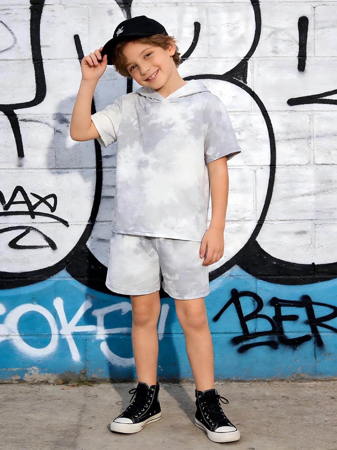 LPHGFZA Boys 2 Piece Outfits Tie-Dye Hooded Short Sleeve T-Shirt and Shorts Set Summer Clothes for Kids 6-13 Years - Image 6
