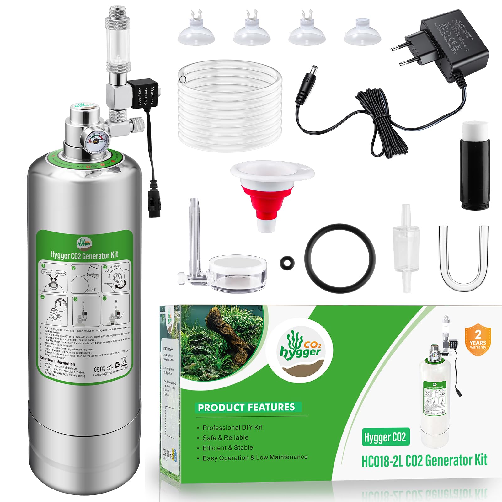 Générateur de CO2 d'aquarium Kit de réacteur de système 2L, kit Co2 Aquarium avec régulateur, vanne à Aiguille, solénoïde et Compteur de Bulles pour Aquarium planté Nano réservoir 20L - 60L