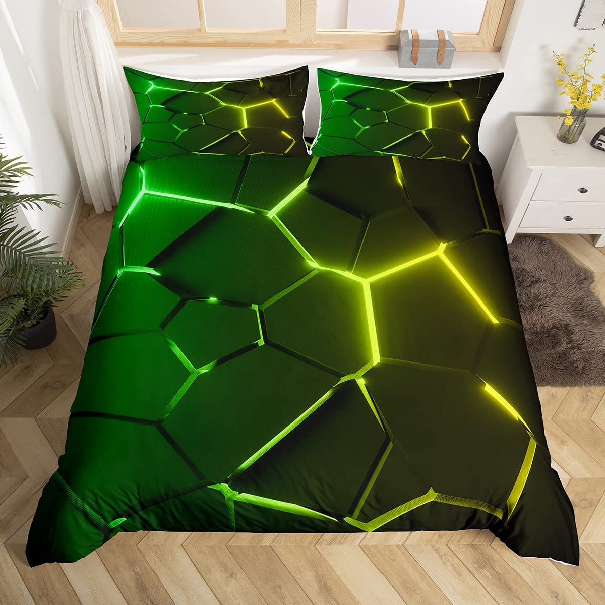 Honeycomb Duvet Cover Green Yellow Hexagonal Bedding Set for Kids Boys Girls Children Beehive Geometrical Comforter Cover Ultra Soft Decor Reticulated Bedspread Cover Twin Size Zipper