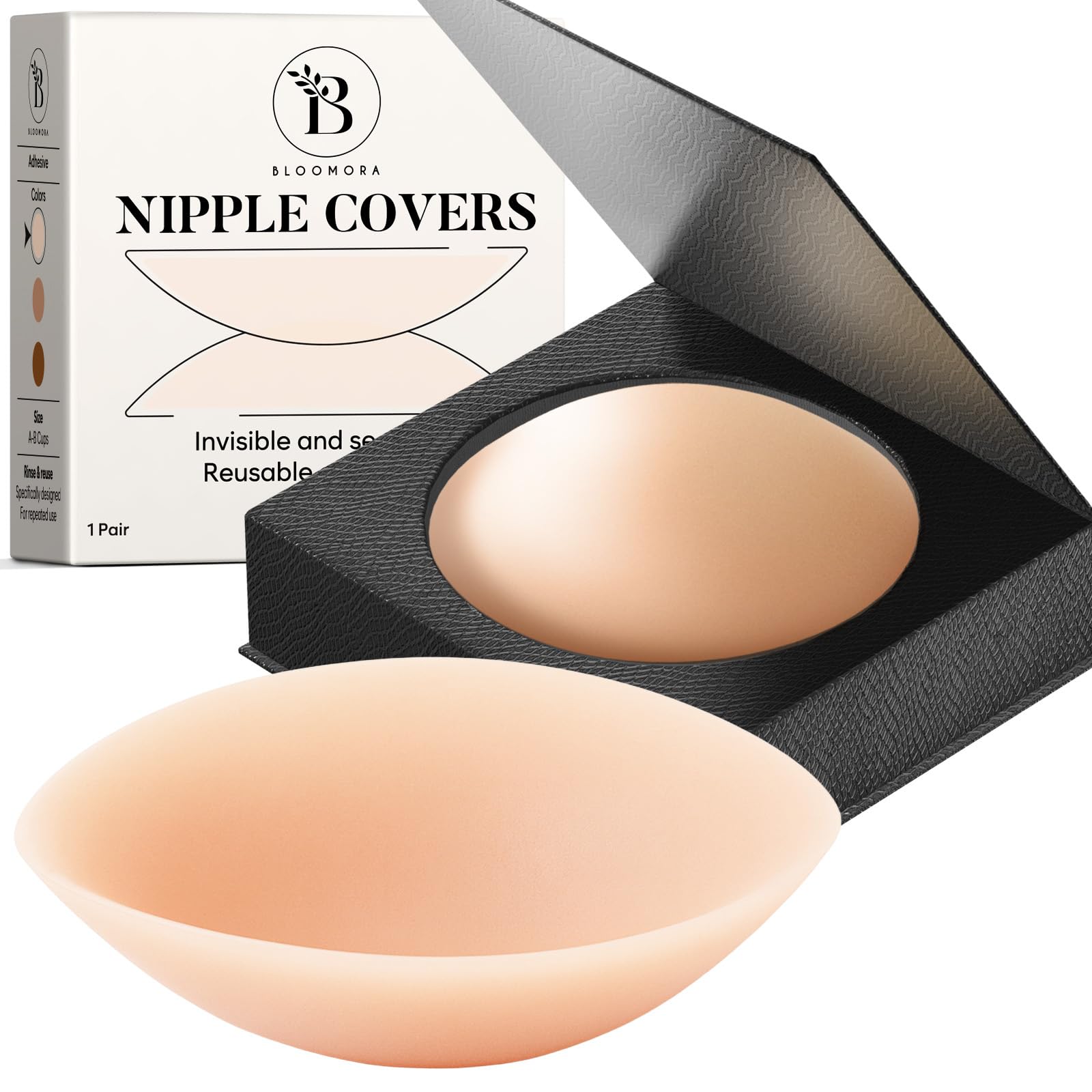 Bloomora Women's Circle Crème Nipple Covers For – Reusable Sticky Silicone Nipple Pasties With Storage Case – Seamless, Adhesive & Invisible – Size 1 (Cups A–B) – Crème