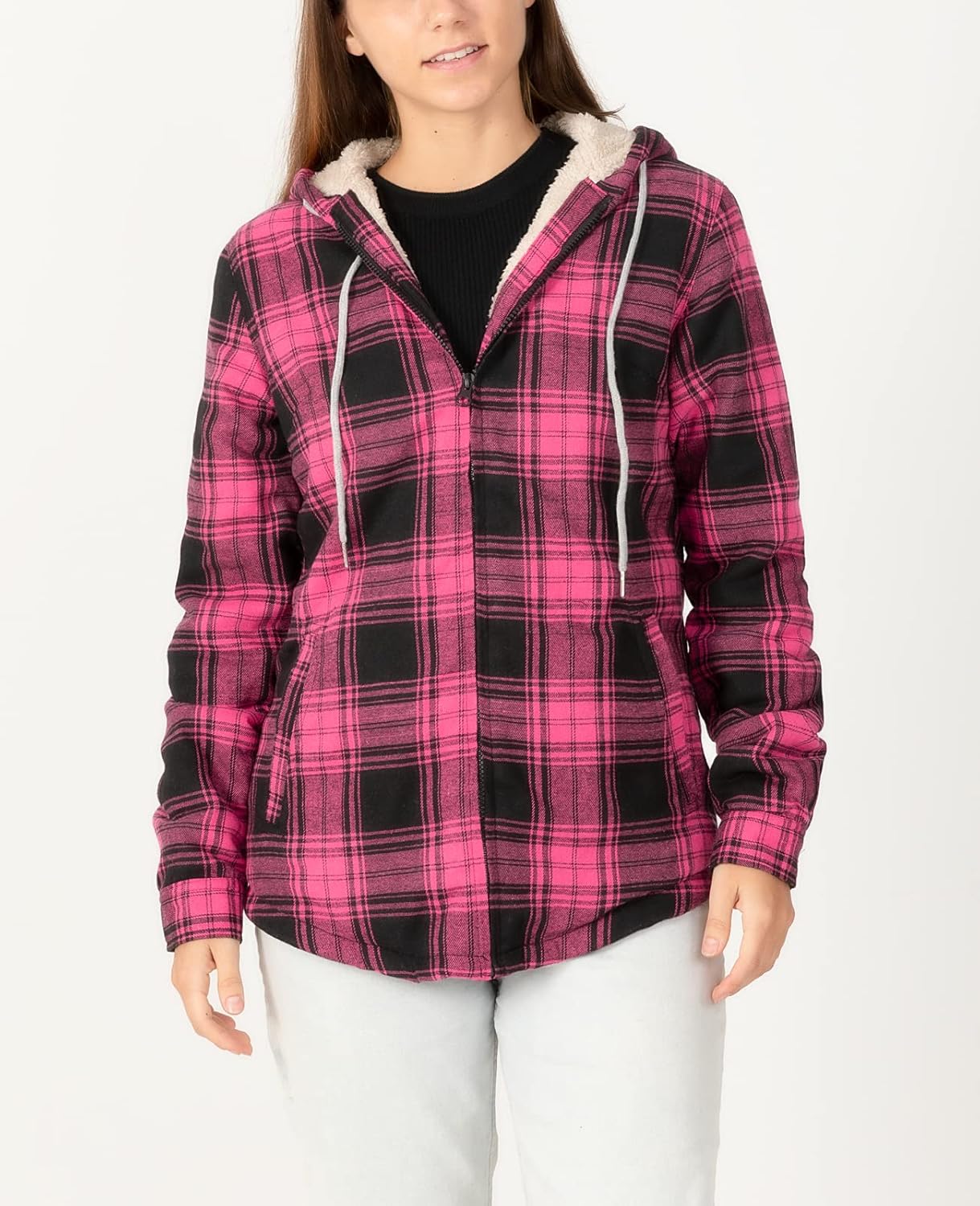 ZENTHACE Womens Sherpa Lined Flannel Jacket Winter Full Zip Up Hooded Plaid Shacket with Side Pockets