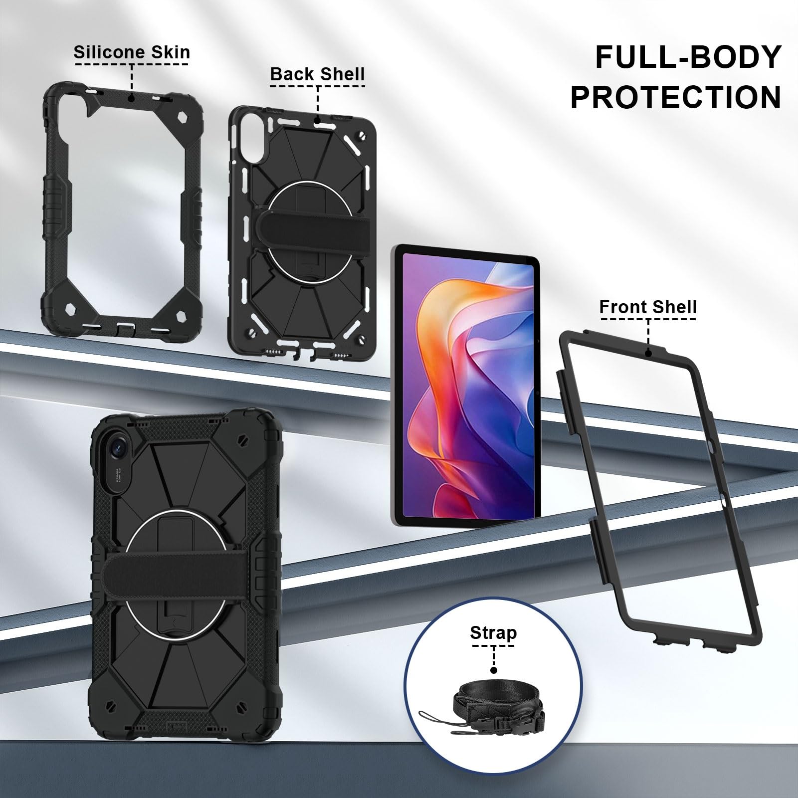 Housse pour Tablette Étui Robuste for Xiaomi Redmi Pad 2 11 Pouces (2025) avec Protection d'écran, béquille rotative, dragonne et bandoulière Amovible, Coque Antichoc(Svart)