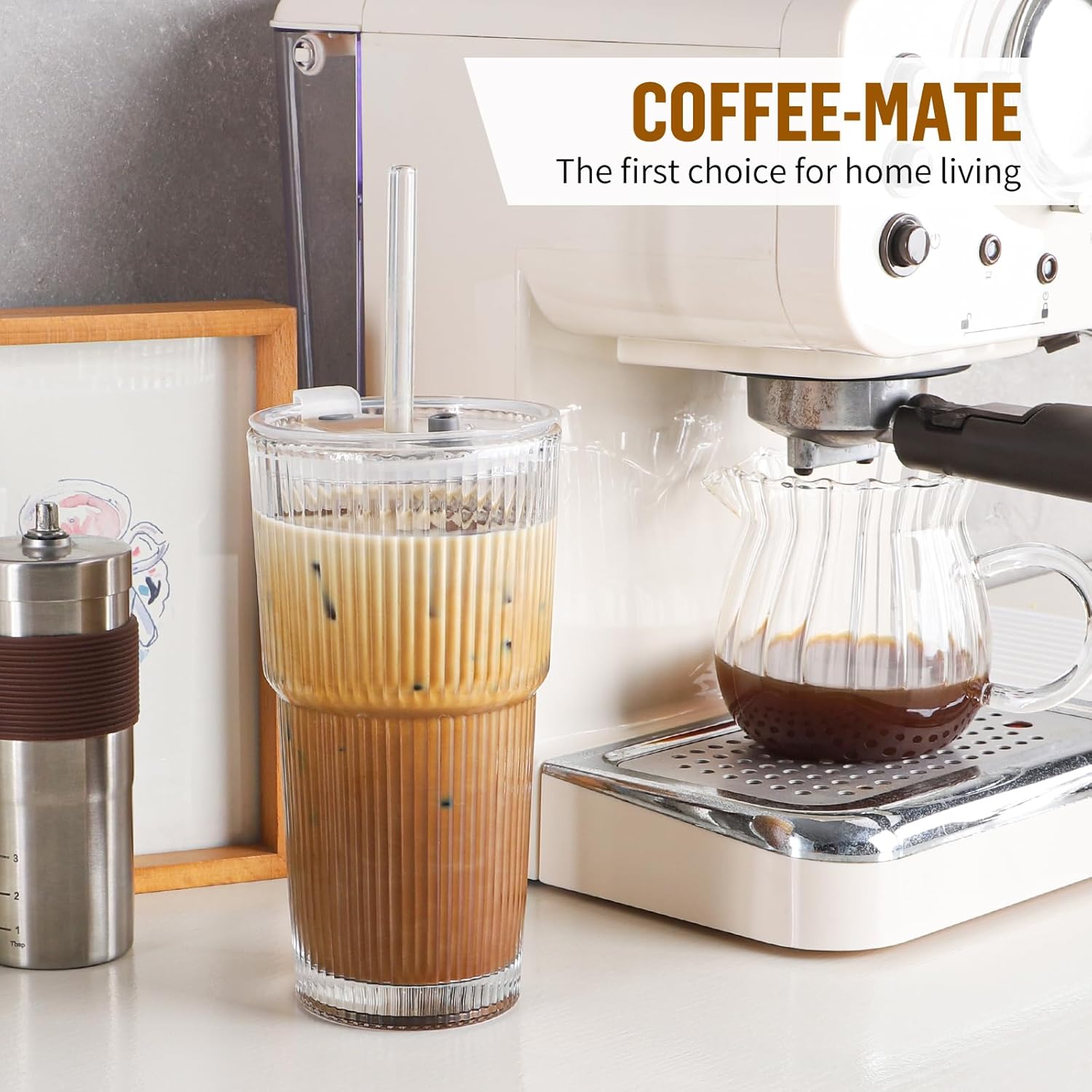 20 oz Glass Cups with Lid and Straw 2 Set, Glass Tumbler with Straw and Lid, Vintage Glassware for Whiskey Cocktail Beer, Iced Coffee Cups with Lid (6 PACK) - Image 2