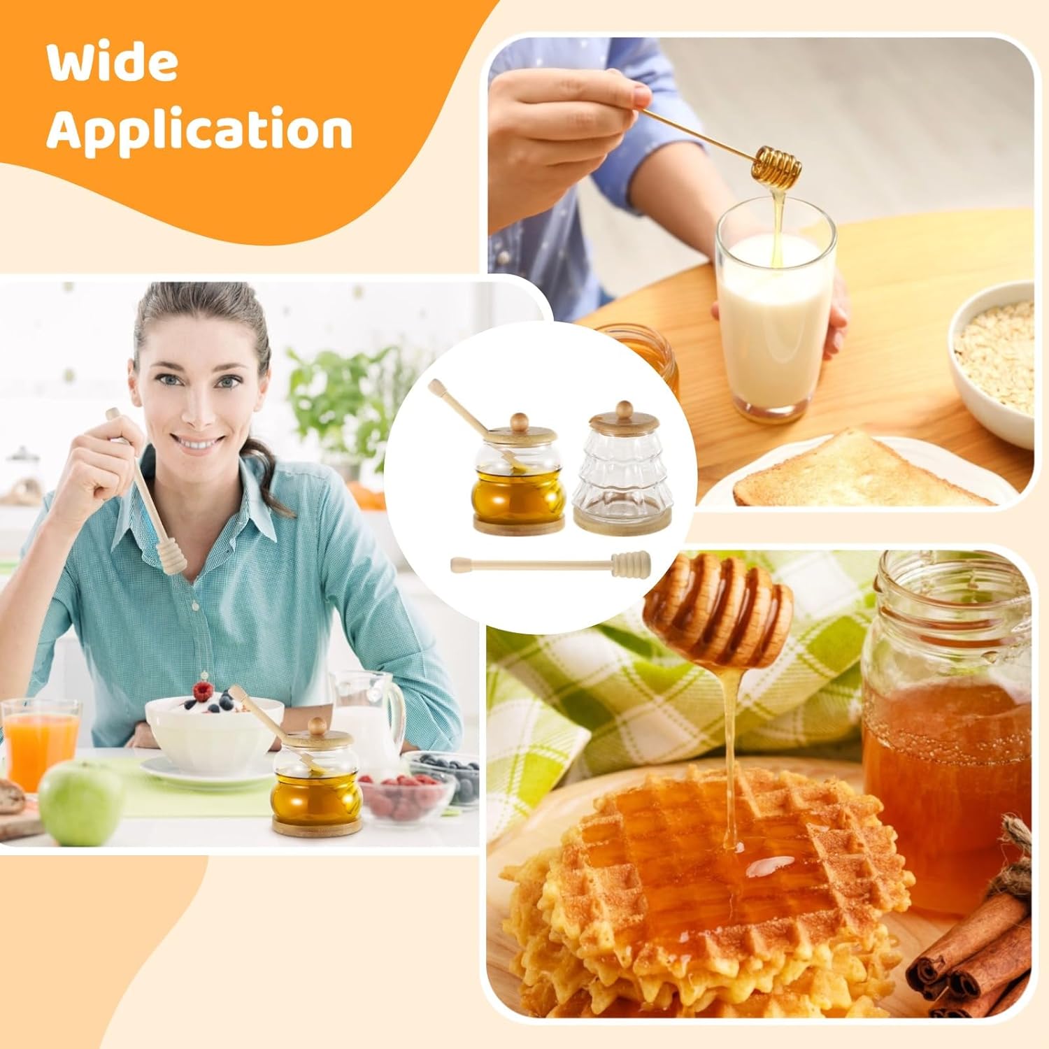 2-Set Glass Honey Jars With Wooden Lids And Stirrer, Holiday Maple Syrup Dispensers, Wide Mouth Design (11 Oz & 14.2 Oz)