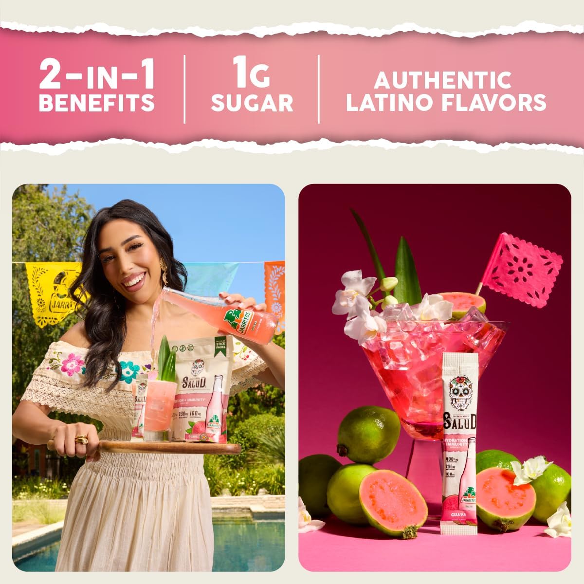 Salud x Jarritos 2-in-1 Hydration Packets + Immunity Electrolytes Powder, Guava - Agua Fresca Drink Mix, Elderberry, Dairy & Soy Free, Non-GMO, Gluten Free, Vegan, 1g Sugar (15 Servings) - Image 2