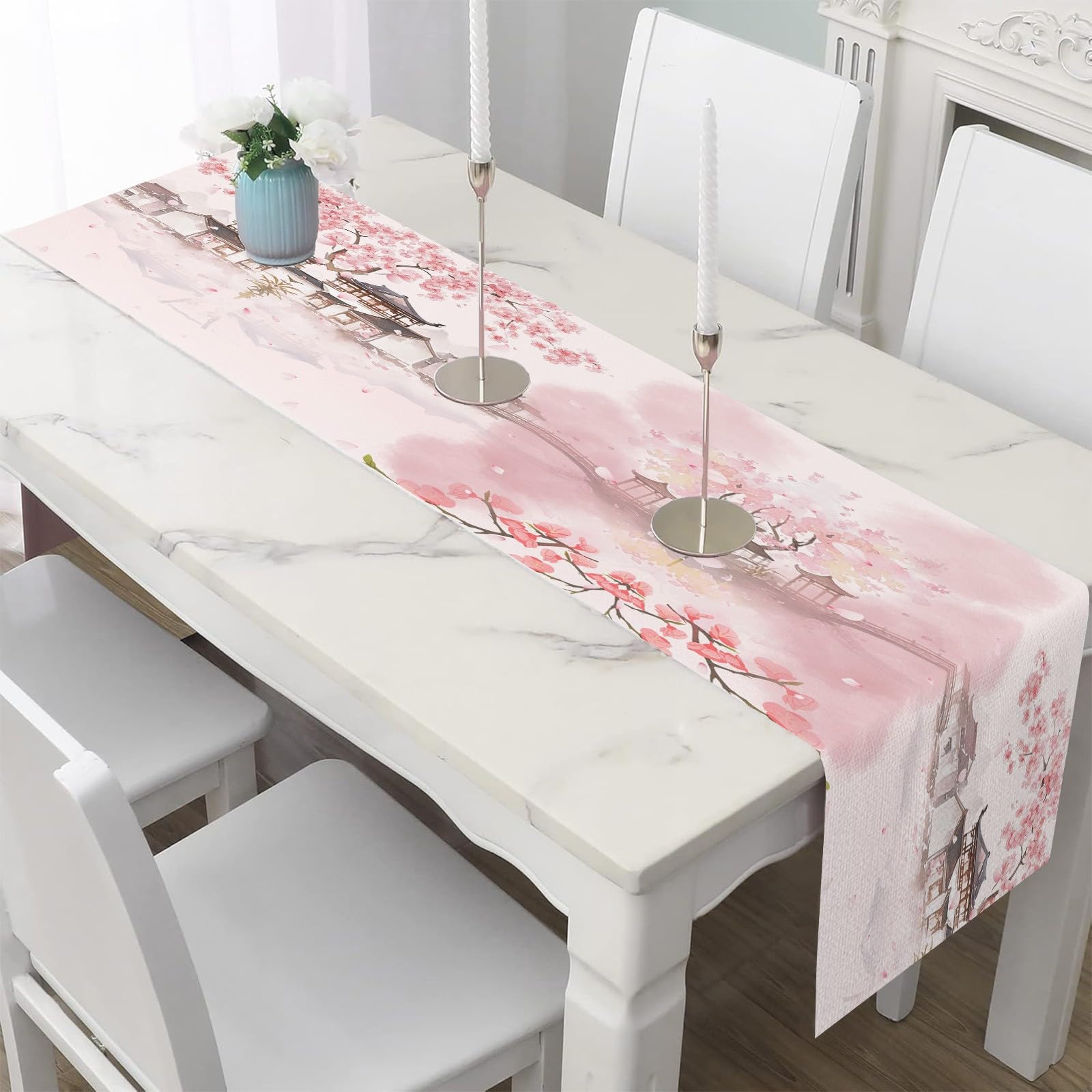 Table Runner Japanese Style Cherry Blossom Table Cover, Cotton Linen Asian Pagoda Dining Decor Watercolor Landscape Table Mat Indoor Outdoor Party Supply 30x120 cm