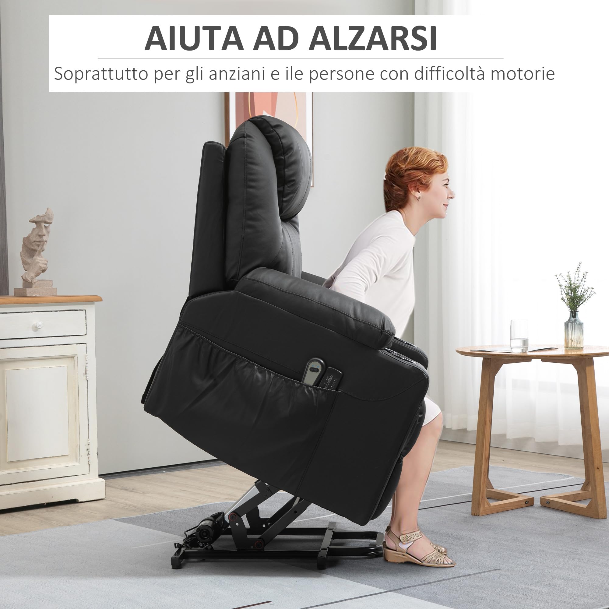 HOMCOM Poltrona Elettrica Alzapersona Reclinabile 135°, Poltrona Relax Elettrica in PU con 8 Punti Massaggianti, 2 Portabicchieri, Tasche Laterali, Telecomando e Poggiapiedi, Nero