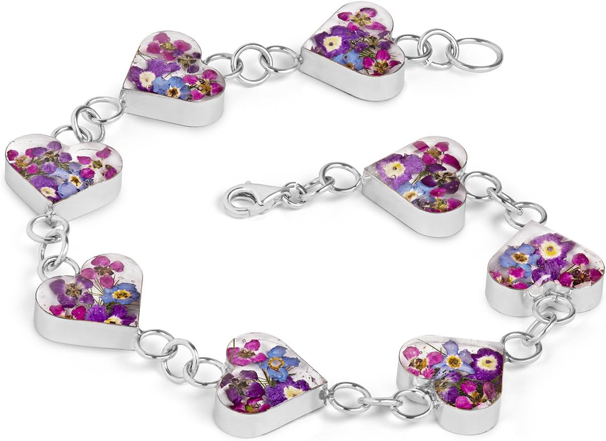Sterling Silver Heart Bracelet Made With Real Flowers Purple Mix …