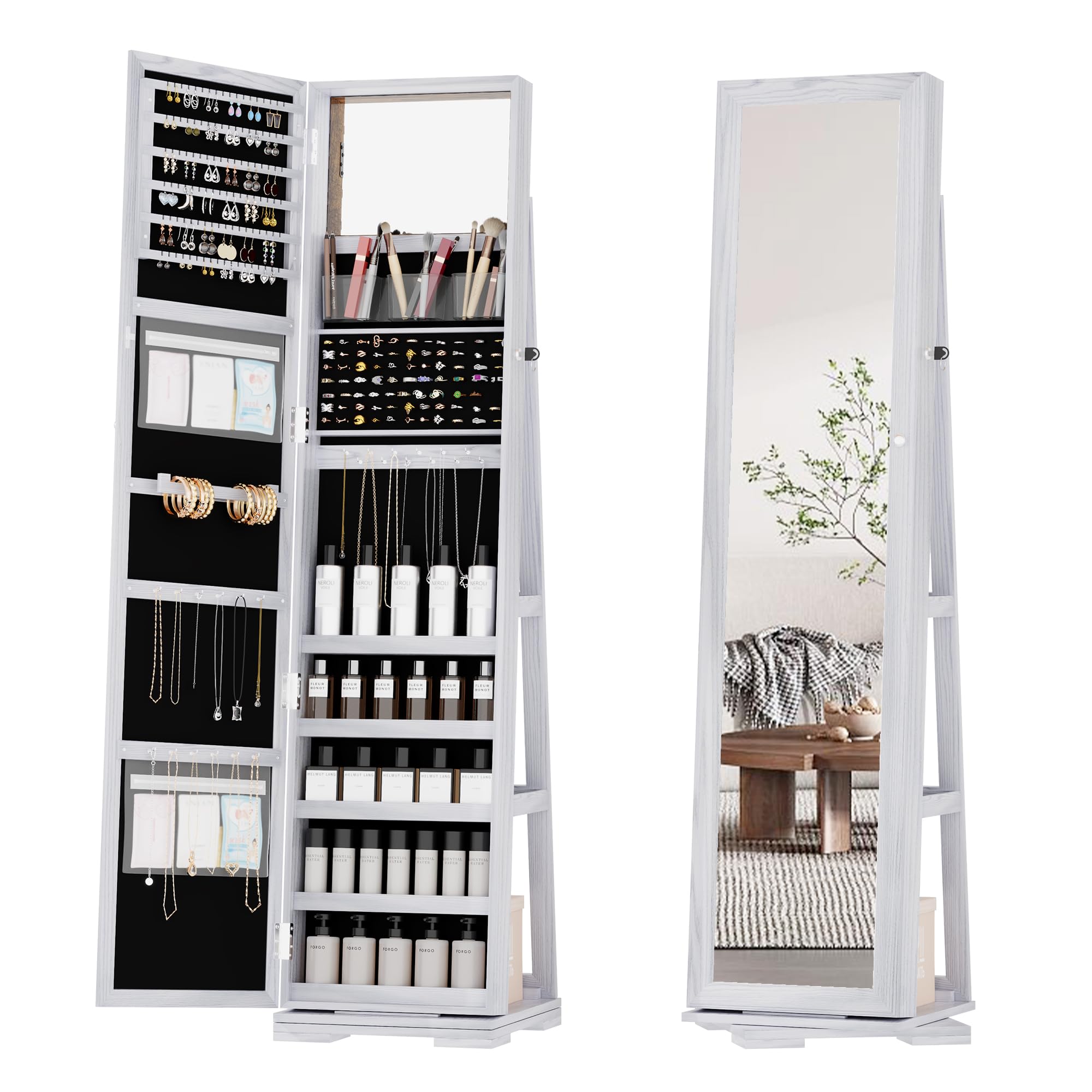 OUTDOOR DOIT 360° Rotating 66'' Jewelry Armoire with Lockable,Full Length Mirror Large Capacity Jewelry Organizer Armoire,Floor Standing Mirror with Back Storage Shelves for Bedroom, Cloakroom