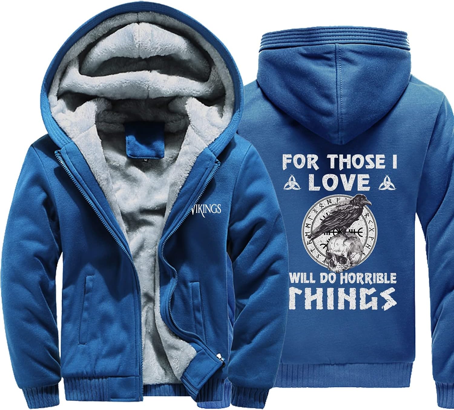 Viking Thick Fleece Full Zip Up Hoodie,Unisex Norse Raven Skull Printed Warm Sweatshirt,Heavyweight Winter Jacket,Lake Blue,4XL