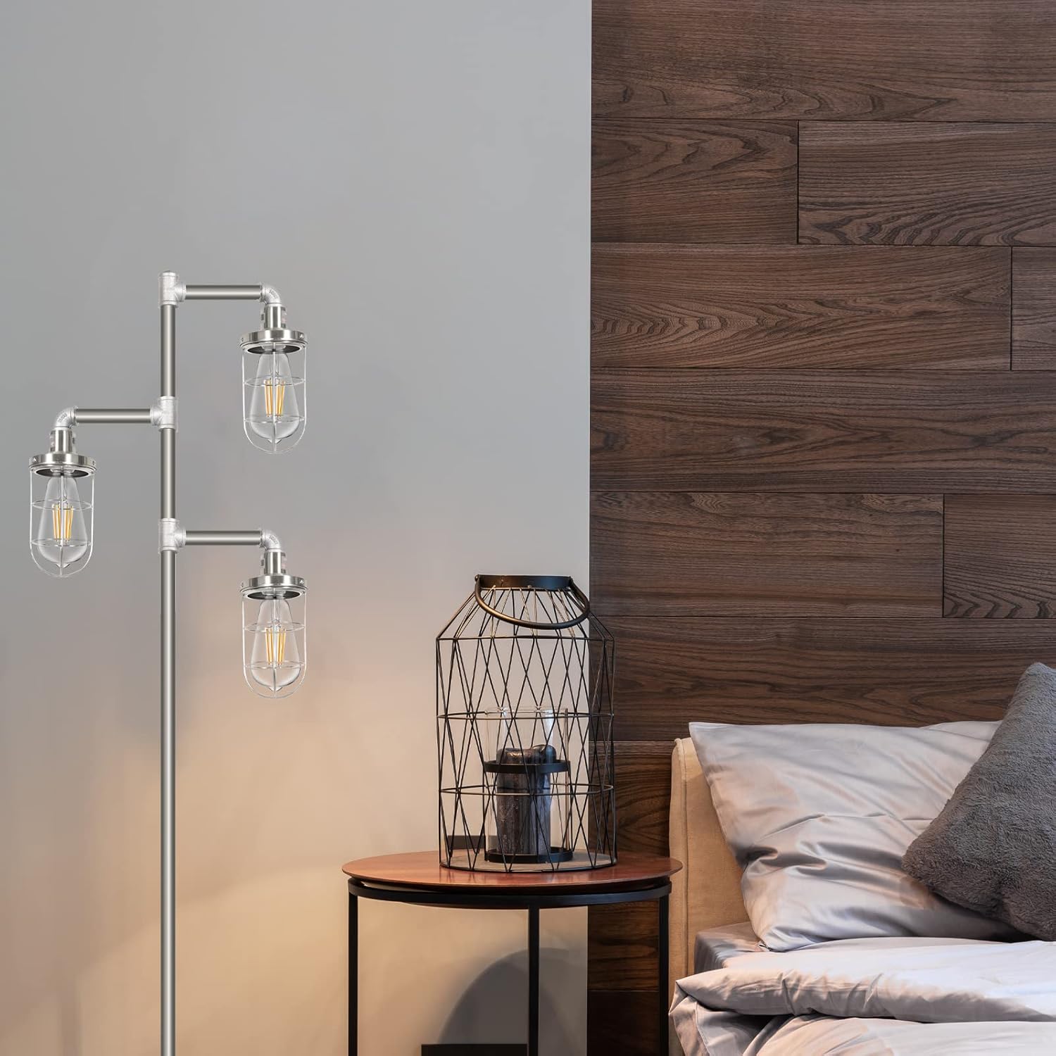 CONCA Steampunk Industrial Floor lamp, Rustic Edison Light Bulb, cage Shade (Sand Nickel)