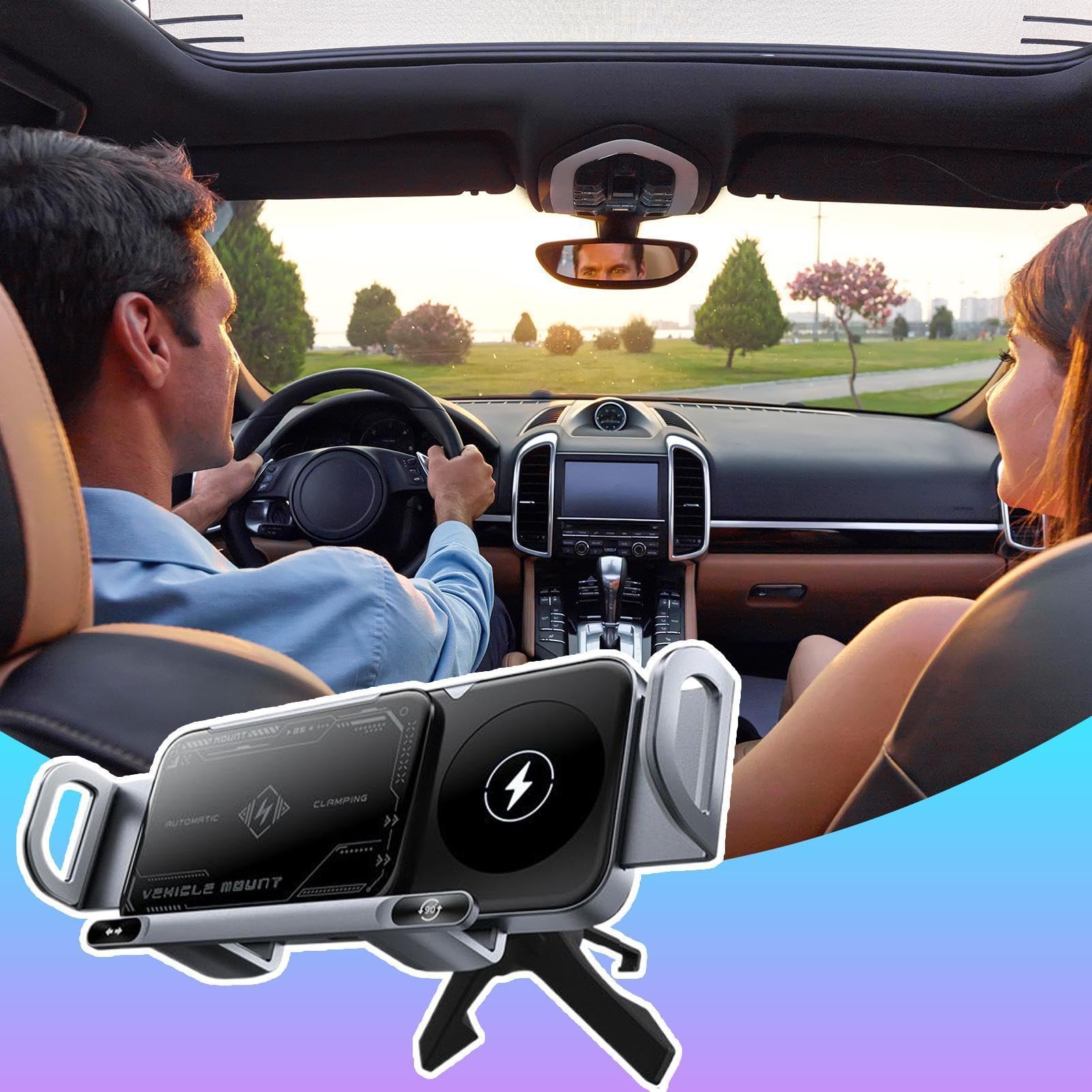 Caricatore Wireless per Auto Porta Cellulare per Automobili | Caricabatterie Rapido Doppia Bobina 15W per Smartphone Dashboard Auto Furgone Camper