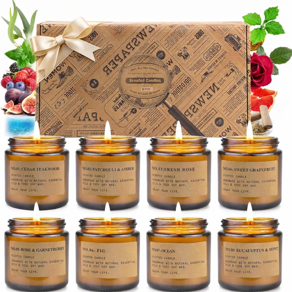 Scented Candles for Home, 8 Pack Aromatherapy Soy Candle Gift Set with 8 Fragrance Scents, Grapefruit & Eucalyptus Mint Candles for Relaxation, Long Lasting Amber Jar Candles, Spa Gifts for Women