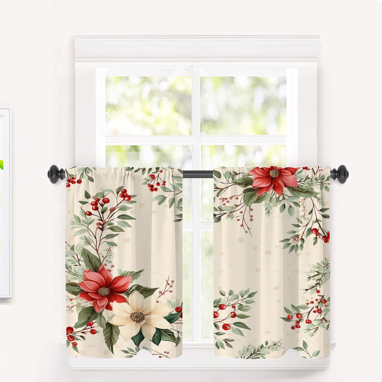 Rideaux de cuisine occultants lot de 2 en polyester motifs poinsettia rouge 91x66 cm