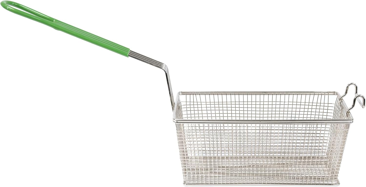 Prince Castle Fry Basket, Wire Mesh with Green Plastisol Handles, 12.13" X 6.31" X 5.31" - Commercial French Fry Basket for Restaurants and Food Service Establishments