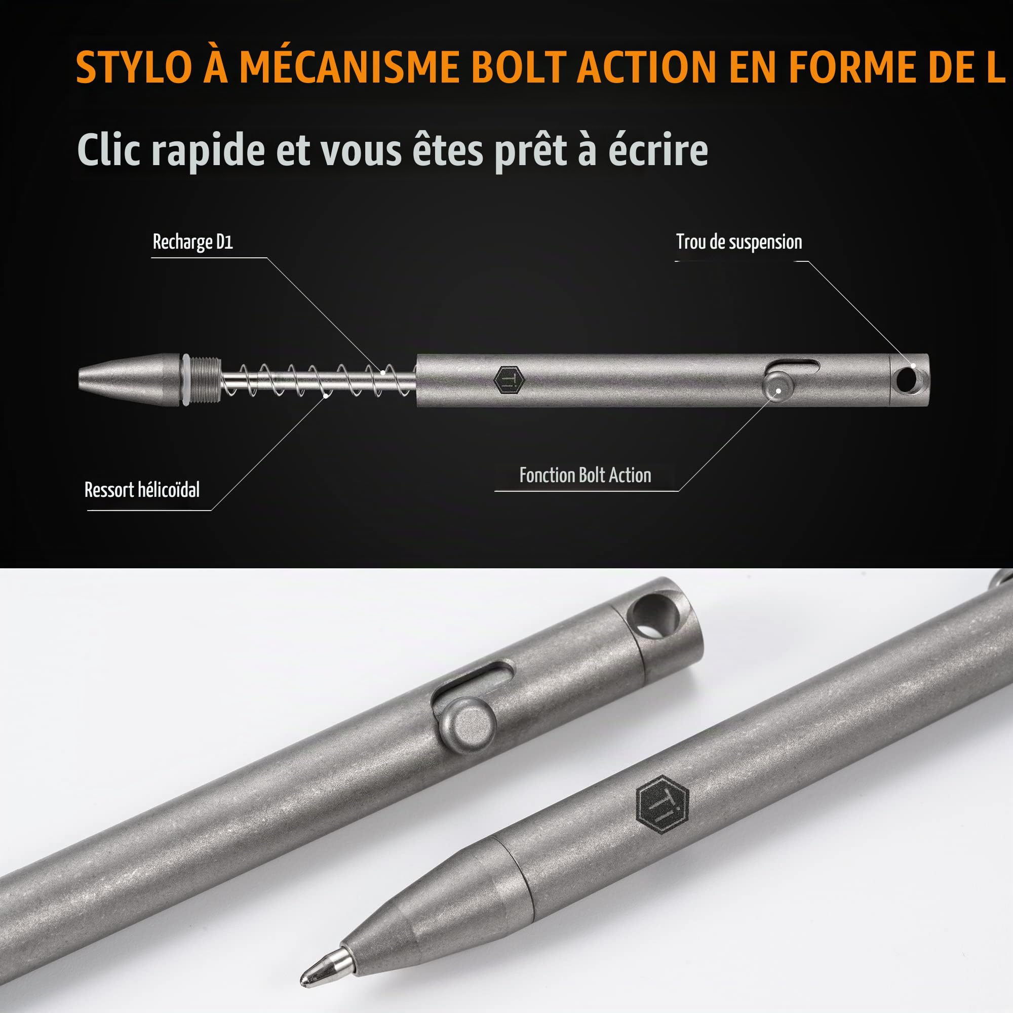 KeyUnity KP00 Stylo À Bille En Alliage De Titane Avec Recharges Bonus, Stylo En Métal Rétractable Pour Une Utilisation Quotidienne Signature, Pointe Fine, Encre Noire (délavé)
