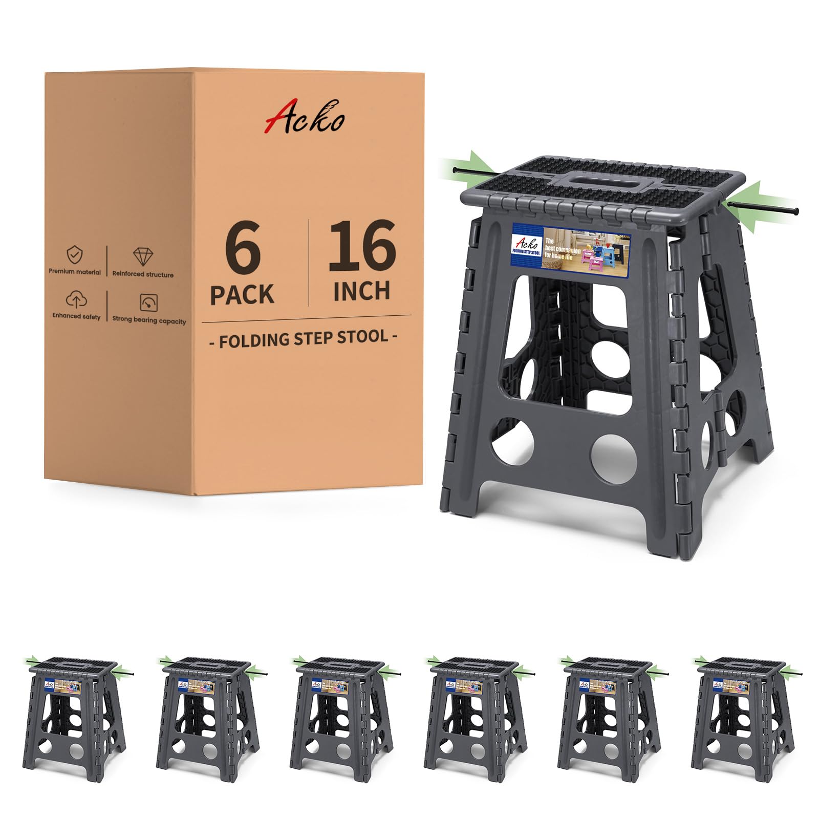 ACKO 16" 6 Pack Folding Step Stool, Safety Lock, Holds 400 lbs, Dot Gray
