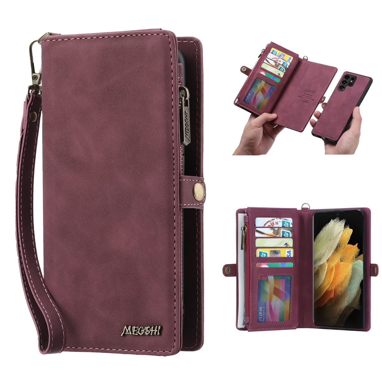 Simicoo Compactible with Samsung Galaxy S24 Flip Leather Wallet case Card Slots Holder Zipper Purse Detachable Magnetic Cover Hand Strap Cash Pocket