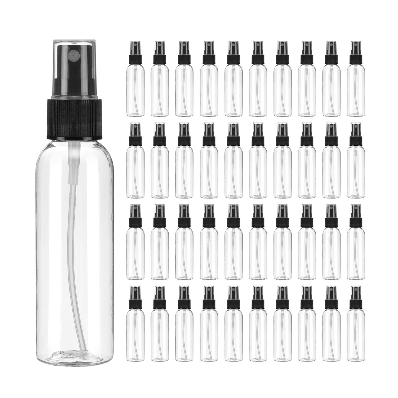 QUARKZMAN 100 sztuk butelek z rozpylaczem, 60 ml, przezroczyste, puste, plastikowe, plastikowe, miniaturowe butelki podróżne, zestaw małych pojemników na płyny, do użytku domowego (przezroczyste