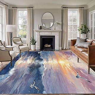 Rectangle Area Rug 6x9ft, Ocean Sunset Scene Oil Painting Non-Slip Non-Shedding Floor Mat, Marine Beach Seagull Washable Sturdy Carpet for Living Room Bedroom Home Decor
